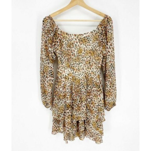 Babyfox Womens Long Sleeve Dress Low Shoulder size 36 Leopard Print Ruffle Hem - Picture 1 of 8
